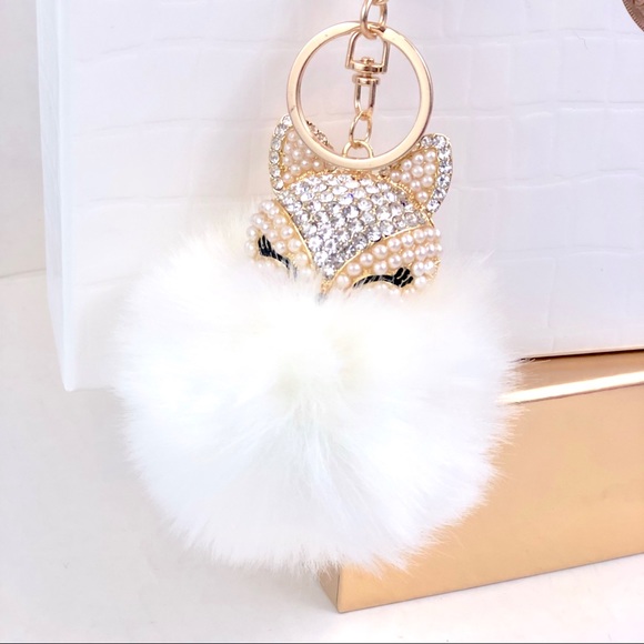 🛍️ Fox Pom W/Rhinestone Keychain Charm Keyring - Picture 5 of 6